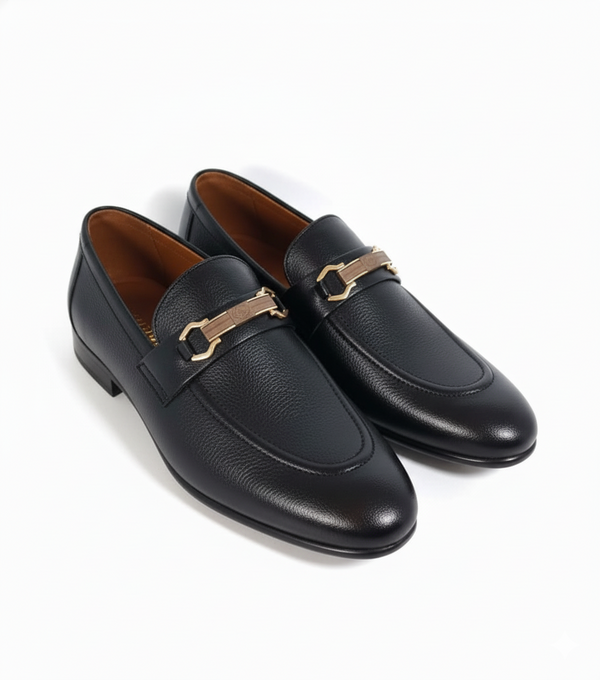 🕴️ Black Loafers with Gold Strap - Premium Men's Dress Shoes 🌟